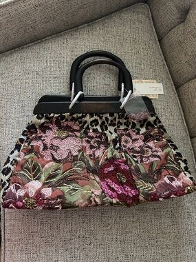 Floral Sequin Embellished Black Handle Tote - Pink Multi and leopard